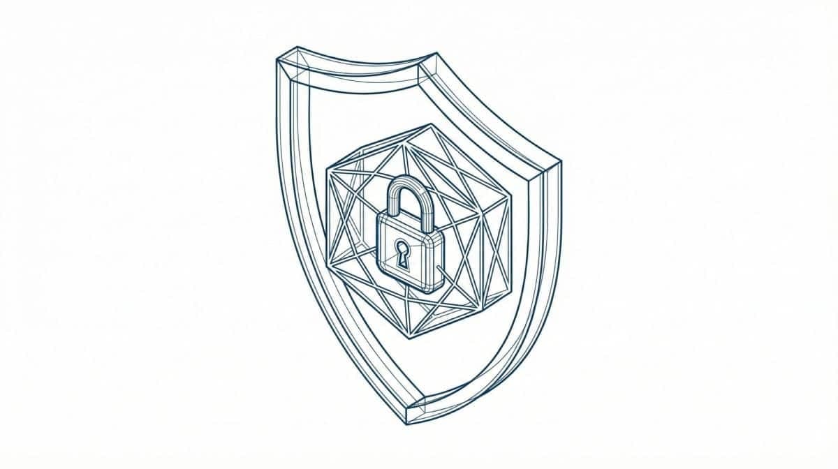 Minimalist wireframe illustration of a padlock protected by a shield.