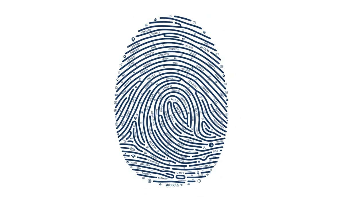 Fingerprint made of personal data labels representing digital identity privacy and personal information collection
