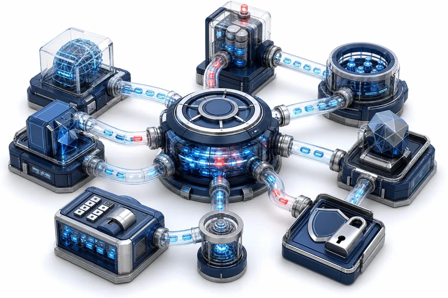 Isometric cyan data pipes exposing AI and Bitcoin security breaches.