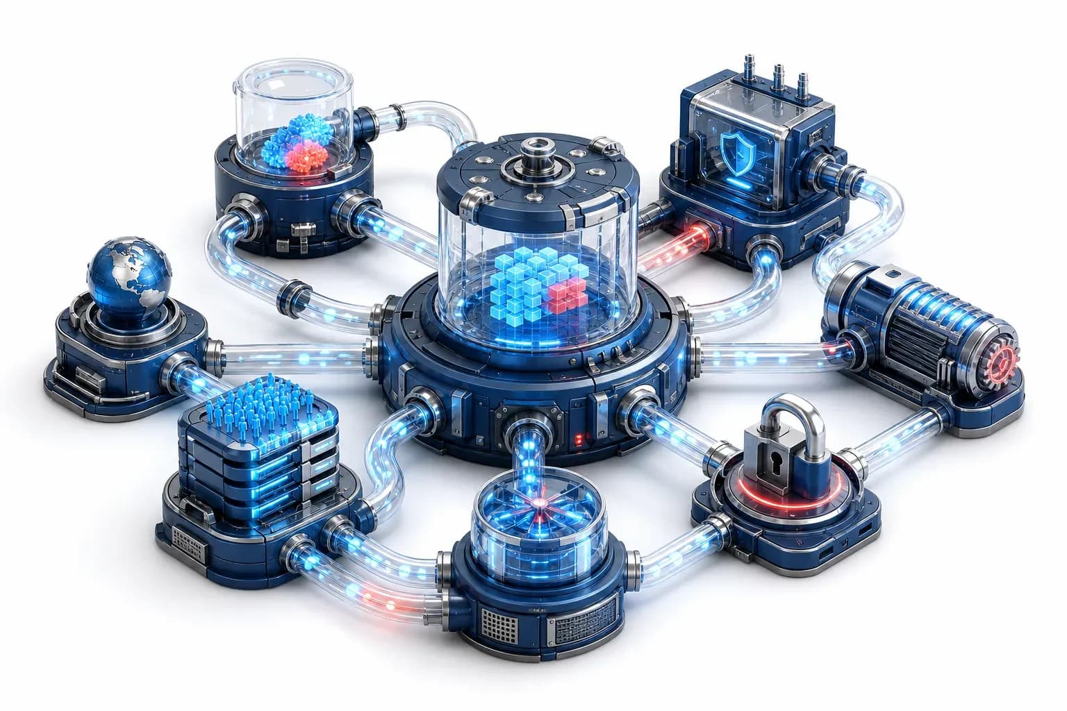 Floating servers exposing cybersecurity threats in navy-blue isometric diorama.