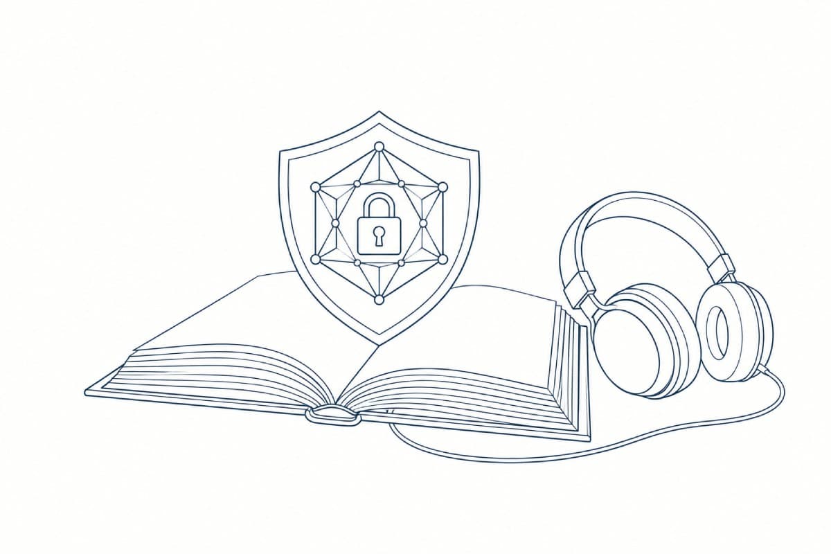 Line illustration of an open book with a security shield and padlock rising from its pages, next to headphones